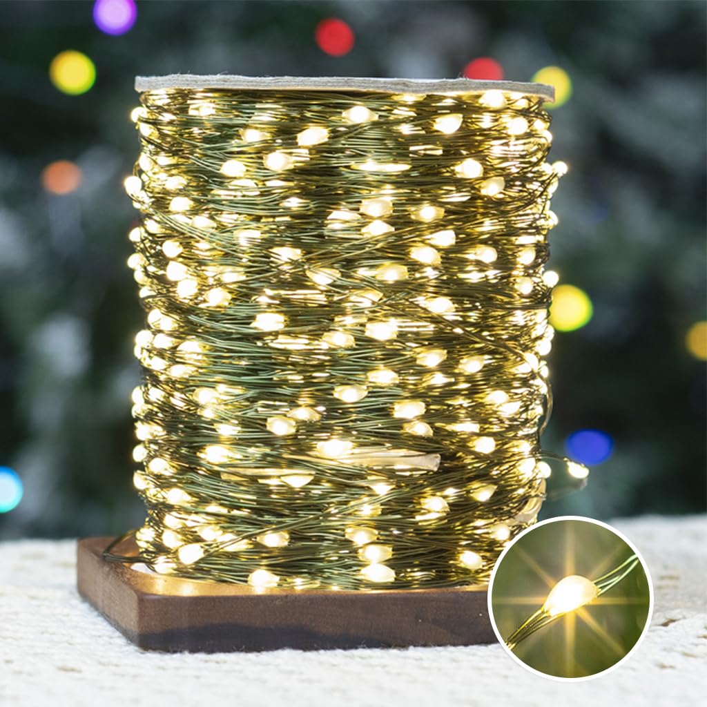 PCORES 160M 1600LED Fairy Lights Plug in with Remote and Timer, Waterproof Green Copper Wire Christmas Lights Bedroom Decor, Twinkle Lights for Christmas (Warm White,Adaptor Included)