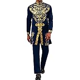 Mens African 2 Piece Set Zipper Nigerian Dashiki Metallic Shirt and Pants Outfit Gold Stamp Printed Long Traditional Suit