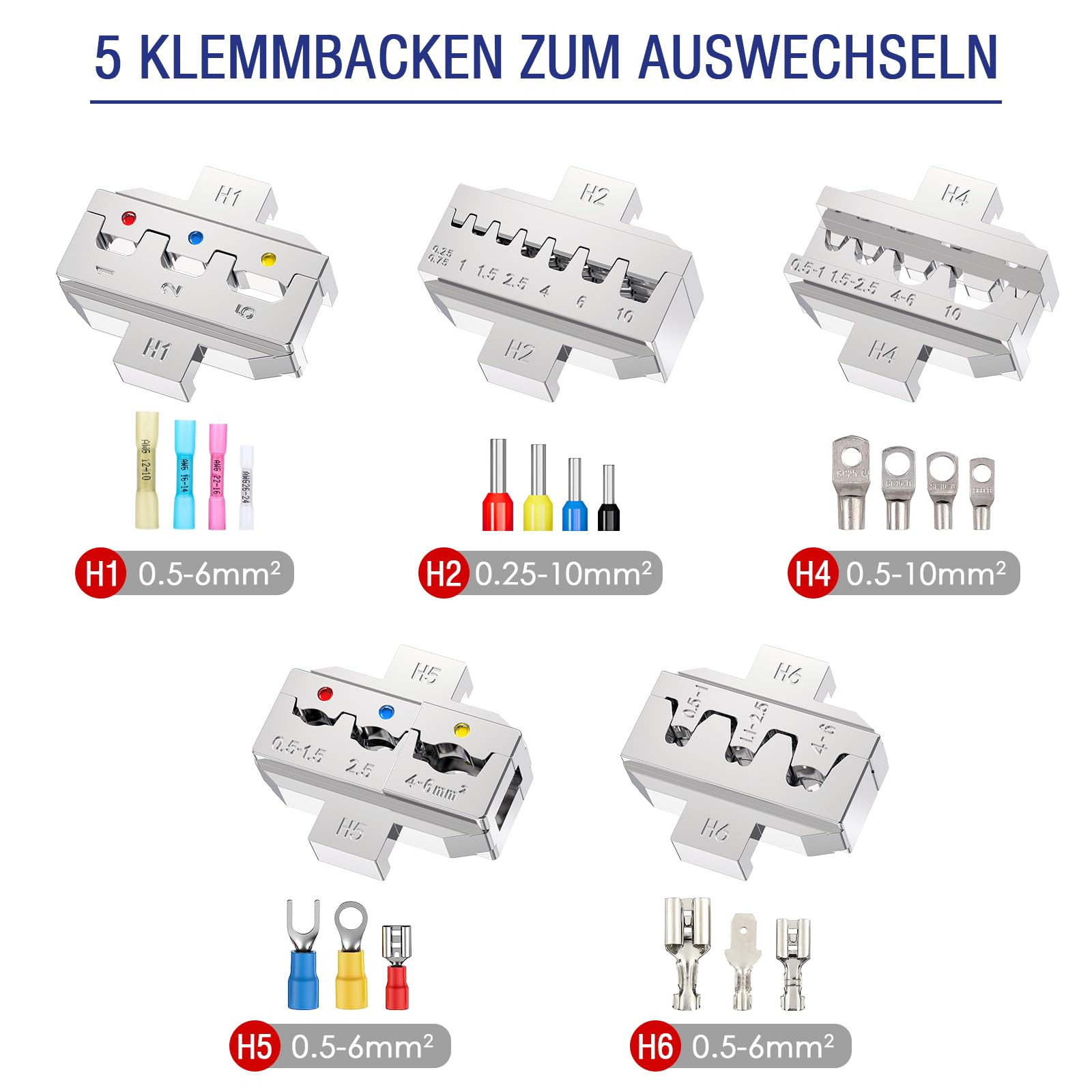 5-teiliges Crimpzange Set - TUBTAP® Crimpzange für isolierte & nicht isolierte Kabelschuhe, Schrumpfschläuche, Aderendhülsen – Krimperzange, Aderendhülsenzange - mit Wechselbacken 2