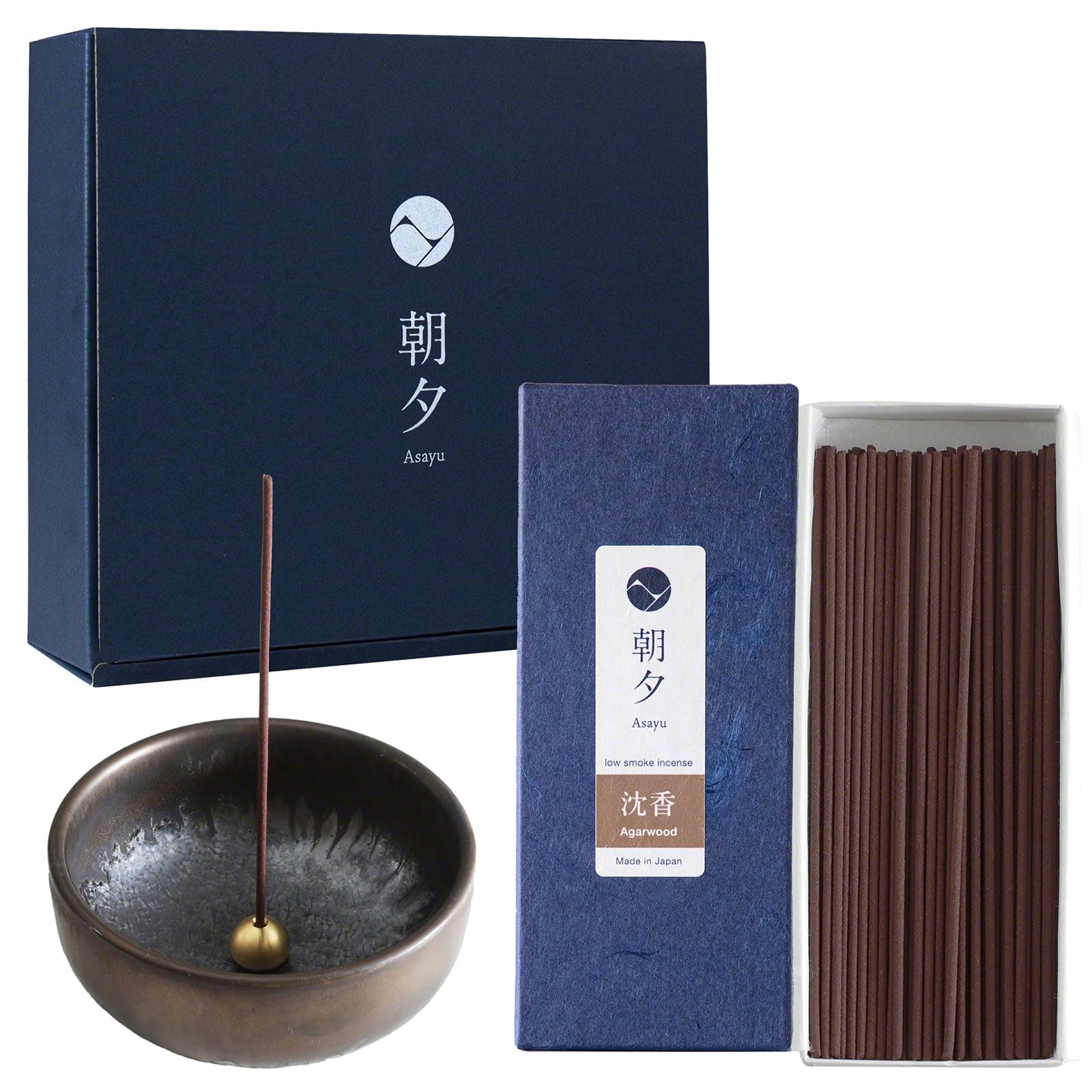 Asayu Japan Incense Gift Set with Low Smoke Incense and Incense Holder with Brass Stand, 100% Made in Japan - Agarwood Sticks + Traditional Holder