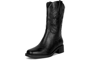 ISNOM Cowgirl Cowboy Boots for Women, Western Boots with Square Toe, Pull-on Tab and Unique Embroidery Design