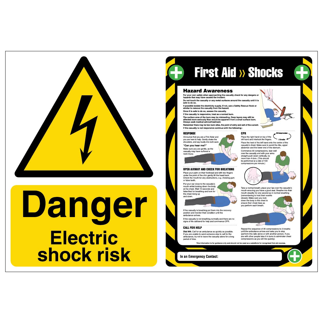 VSafety Poster Combo - Danger Electric Shock/First Aid Shocks-600x450-2mm Rigid Plastic Safety Sign