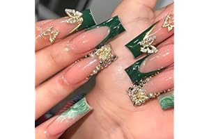 RUOKEXIN Long Square Press on Nails Green French Tip Fake Nails Gold Glitter False Nails with Gold 3D Butterfly Designs Long Square Glue on Nails Sparkly Artificial Nails Cute Stick on Nails for Women
