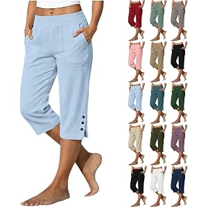 HJYUZP Capris for Women with Pockets Cotton Linen Pedal Pushers | Capri Pants for Women, Split Button, Elastic Waist, Ladies