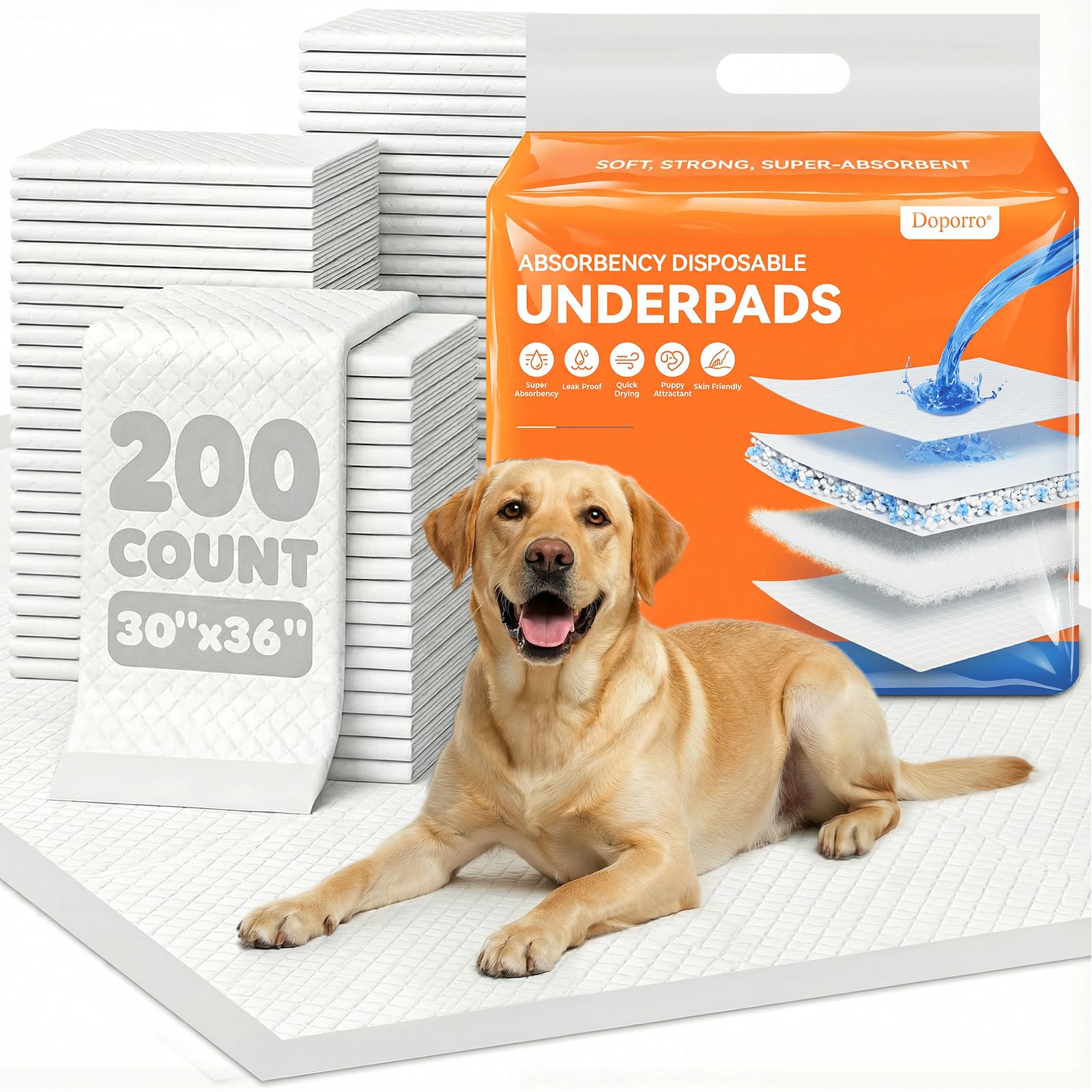 doporro XXL Disposable Puppy Pads 30×36, 200 Count – Heavy Duty 6-Layer Training Pads for Dogs and Adults with Adhesive Strips, 10-Cup Ultra Absorbency, Odor-Lock, Leak-Proof Pee Pads