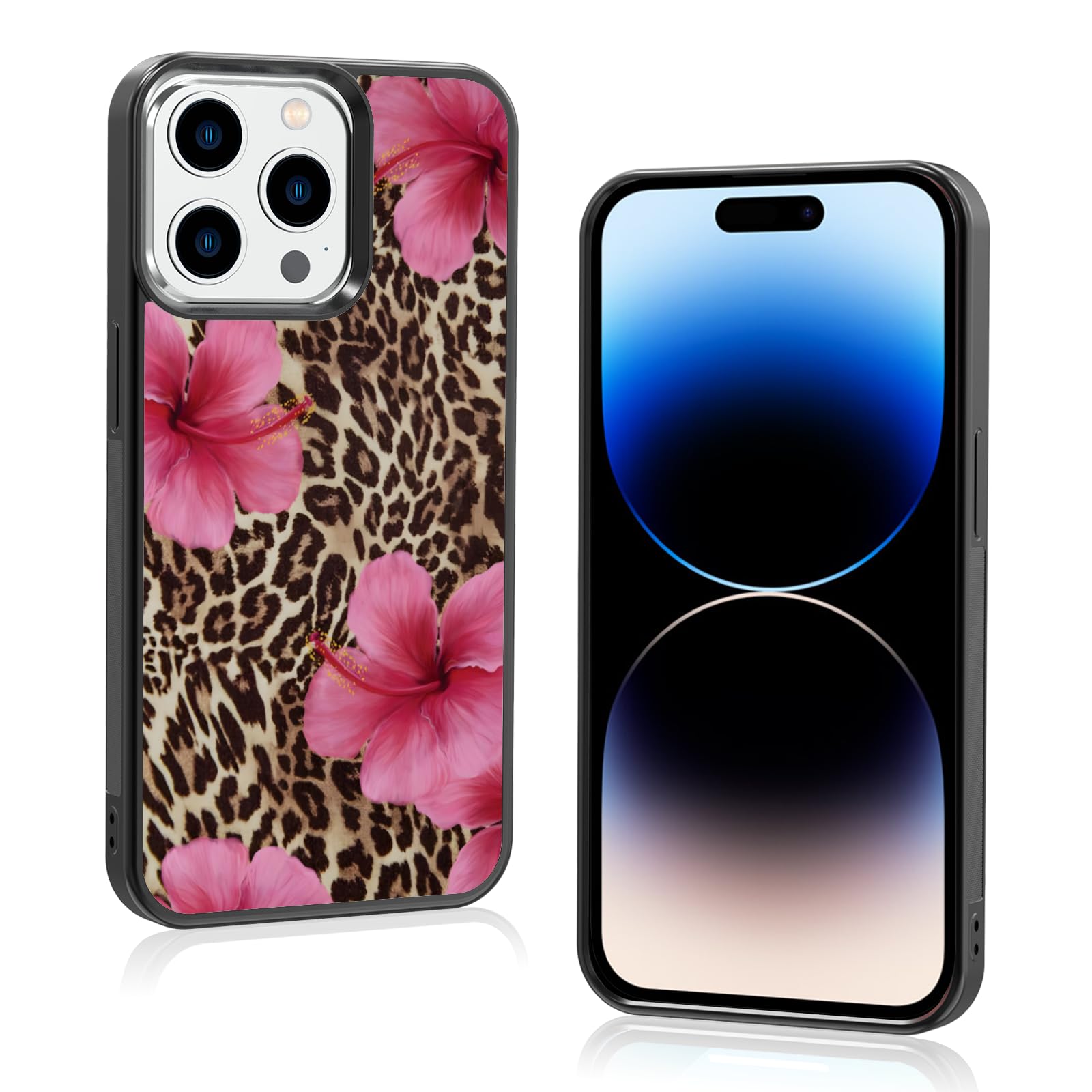 Axulimin Cute Pink Hibiscus Flowers Leopard Cheetah Print Aesthetic Phone Case for iPhone 14 Pro Case for Women Girls -6.1Inch