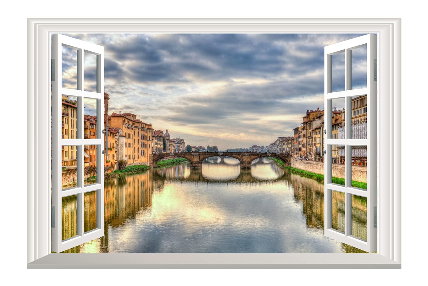 3D Fake Window View Wall Sticker Mural Decal for Bathroom Living Room Bedroom - Arch Bridge in Water Town