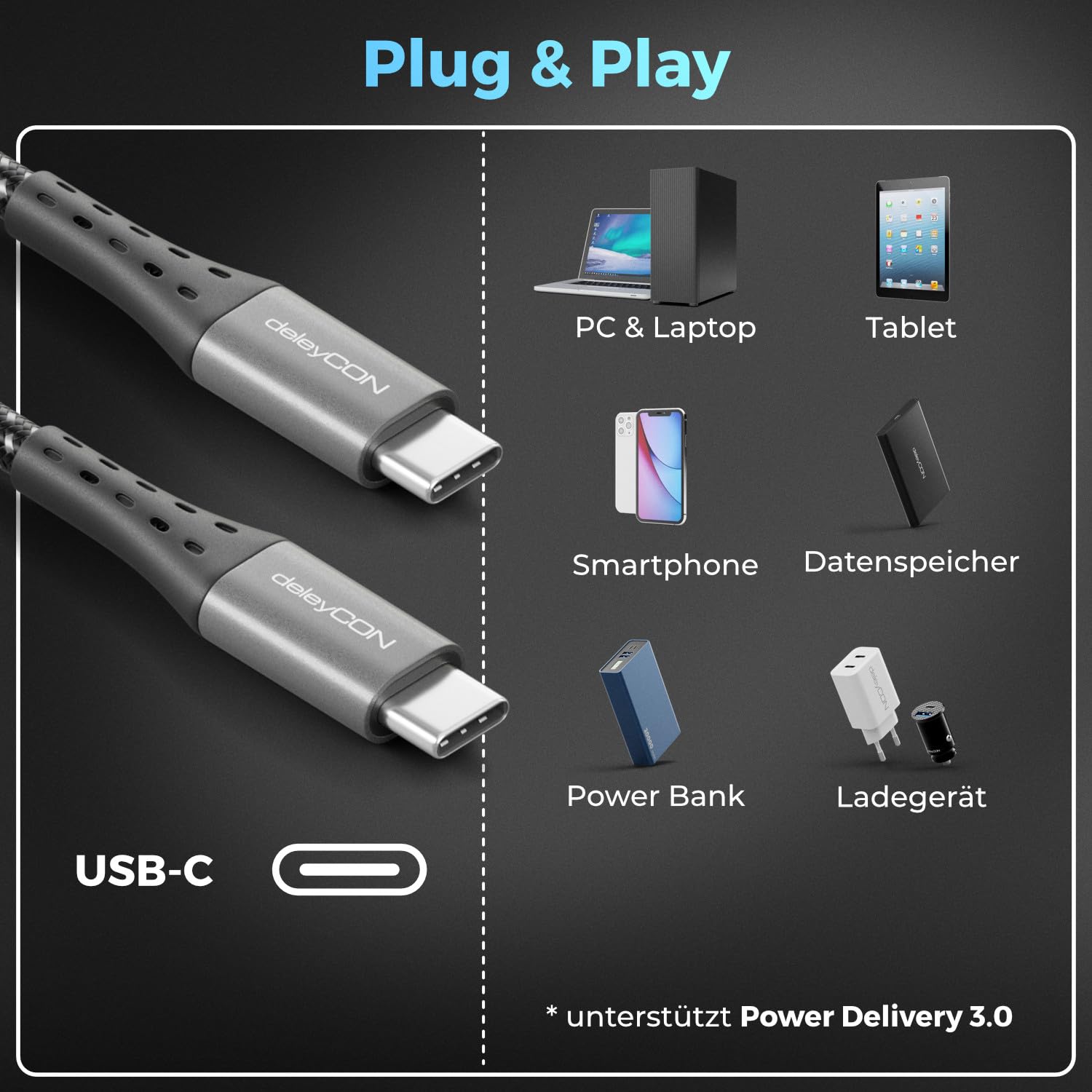deleyCON 1,5m USB C Kabel PD3.0 (100W Schnellladekabel + Datenkabel 5 Gbit/s) Ladekabel USB-C auf USB-C für iPhone 17 16 15 Pro Max Air Galaxy S25 S24 S23 Pixel iPad Pro MacBook Air Tablets Switch PS5 6