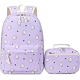 JIANYA Girls Backpack for School, Elementary Kids Backpack with Lunch box Cute Cat School Bag for Girl, Purple