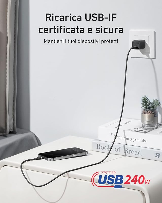Cavo USB C Da 240W 1,8m, Cavo Ricarica In Nylon Tipo C Doppia Treccia