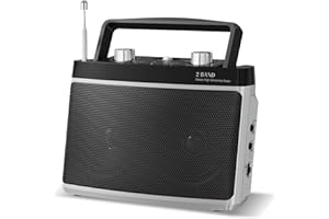 Audiocrazy Portable AM/FM/Bluetooth Radio with Stereo Sound & Best Reception - Battery or Wall Powered, Large Tuning Knob, Aux/Headphone Jack for Kitchen, Camping, Home (Silver)