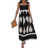 PRETTYGARDEN Womens Summer Boho Maxi Dress 2026 Casual Sleeveless Square Neck Floral Aline Smocked Beach Dresses with Pockets