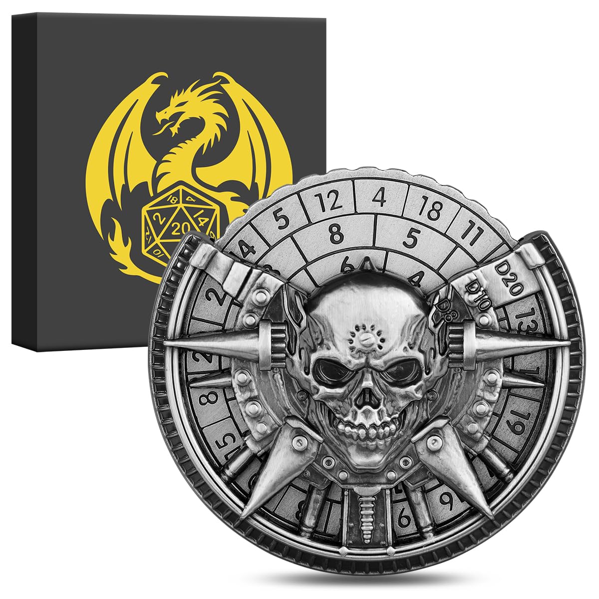 7-in-1 Corpse Skull Fingertip Gyro, DND Wheel Dice Spiner, DND Starter Set, 7-in-1 Metal D&D Dice Set, D&D Gifts with Dragon Logo Gift Box, Tabletop Games, Role Playing Board Game Accessories, Silver