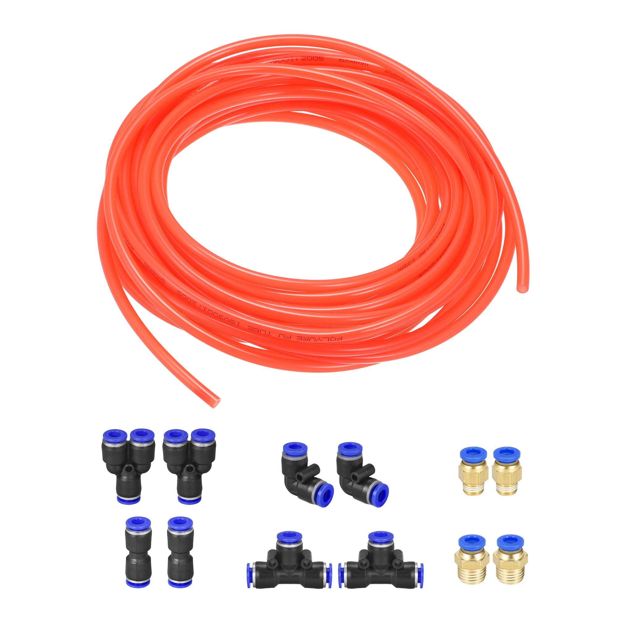 sourcing map Pneumatic Air Hose Tubing PU Air Compressor Tube 4mmID x 6mmOD x 10m Pipe Bright Orange with Connect Fitting Kit
