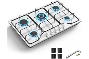 Nafewin Gas Cooktop 30 Inch, 5 Burners Built-in Gas Stove Top, Stainless Steel Gas Countertop NG/LPG Dual Fuel Auto Ignition Gas Hob Cooktop, with Thermocouple Protection for Camping, RV, Apartment