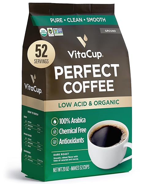 VITACUP PERFECT LOW ACID COFFEE GROUND, USDA ORGANIC & FAIR TRADE, MYCOTOXIN FREE, DARK ROAST GUATEMALA SINGLE ORIGIN, CLEAN & PURE, 20 OUNCES, 52 SERVINGS