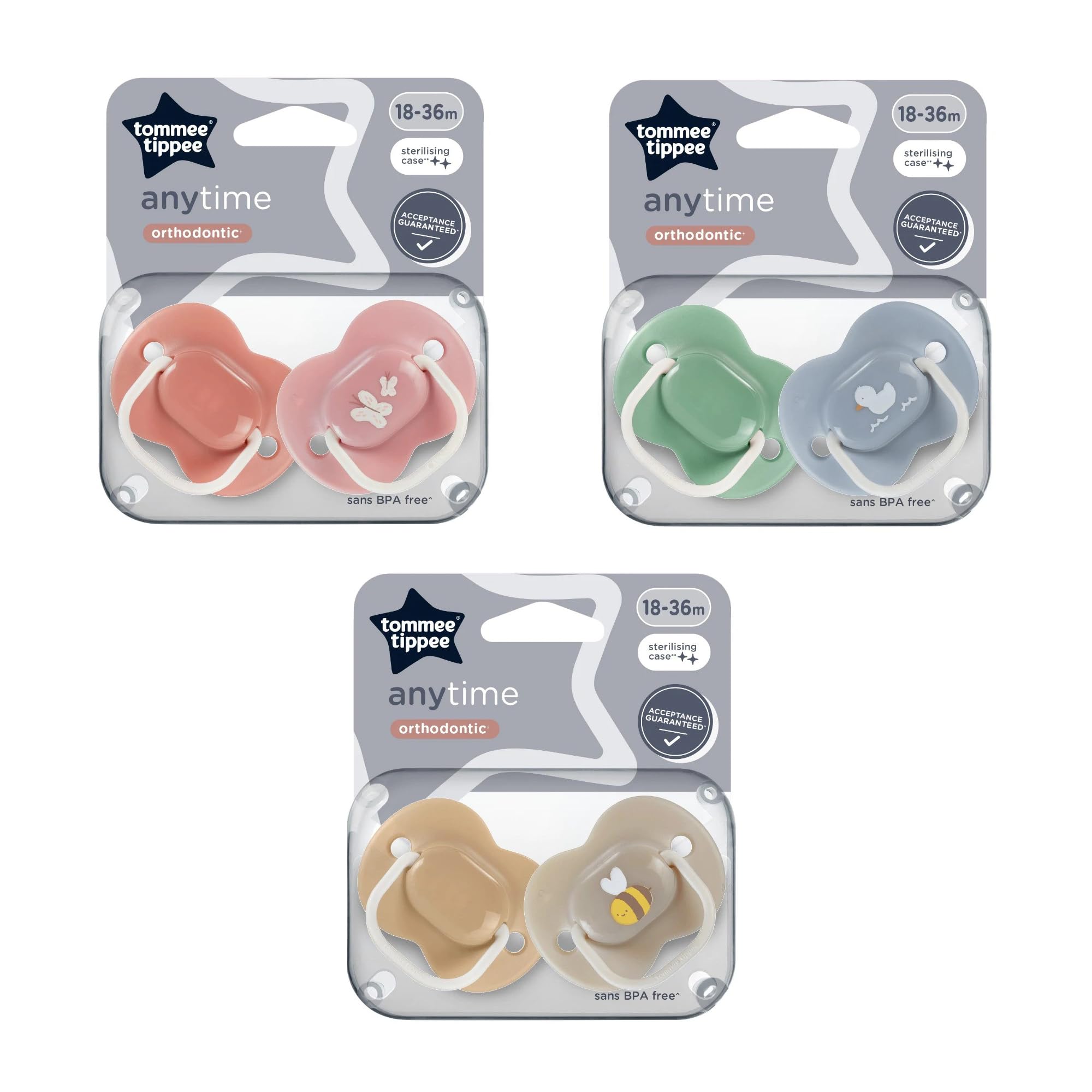 Tommee Tippee Anytime Orthodontic Kind Pack of 2 Soothers 18-36m Assorted Design ONE Selected at Random