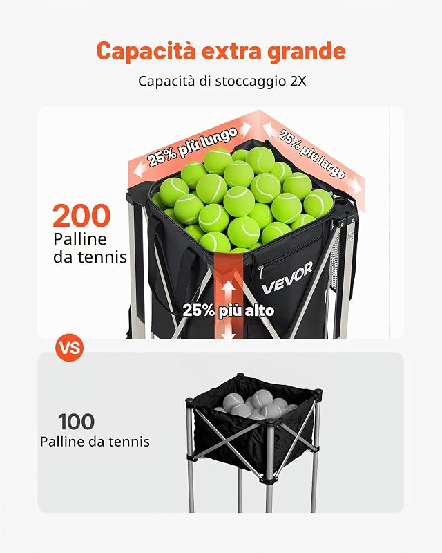 Carrello Porta Palline da Tennis Pieghevole con Cestello, capacità di 200 Palline da Tennis, Cestello con Ruote Scorrevoli, in Acciaio Inox, Borsa Portaoggetti, per Allenamento e Insegnamento