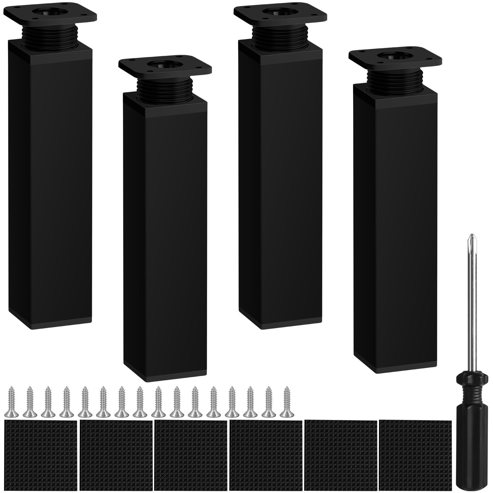 AUAUY Adjustable Cabinet Legs, 4 PCS Black Table Furniture Feet 200mm, Adjustable Height 0-20mm, Cabinet Legs with Screws Screwdriver and Non-slip Mat for Kitchen Cupboard Sofa Beds and DIY Furniture