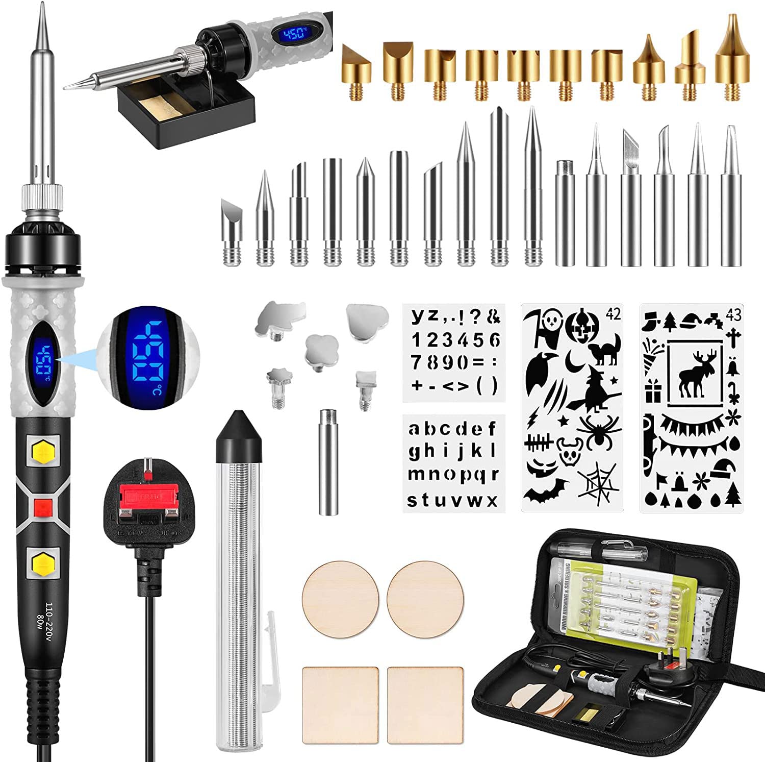 Pyrography Pen Kit 43Pcs,Wood Burning Kit 80W with Adjustable Temperature 200~450℃,Pyrography Wood Burning Tool Set DIY for Embossing/Carving/Soldering/Pyrography