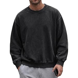 JMIERR Mens Acid Wash Cotton Vintage Relaxed Fit Crewneck Sweatshirt | Ribbed Collar Cuffs, Long Sleeve Windproof Pullover, D