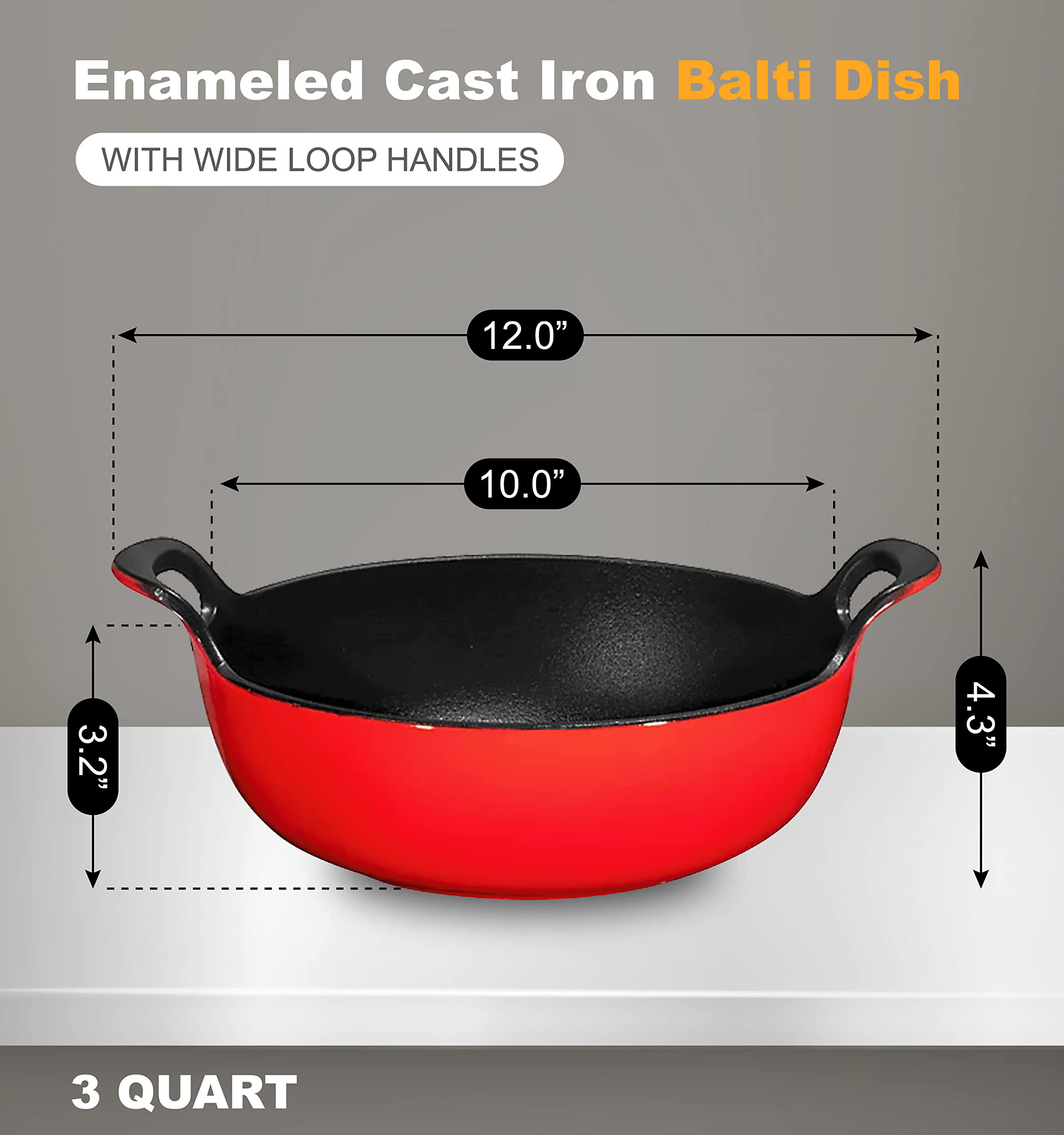 Bruntmor 3 Quart Red Enameled Cast Iron Wok, Cast Iron Wok, Pot Dish, Cast Iron Biryani Pot, 3qt Instant Pot Bakeware Sets, Stove and Oven Safe