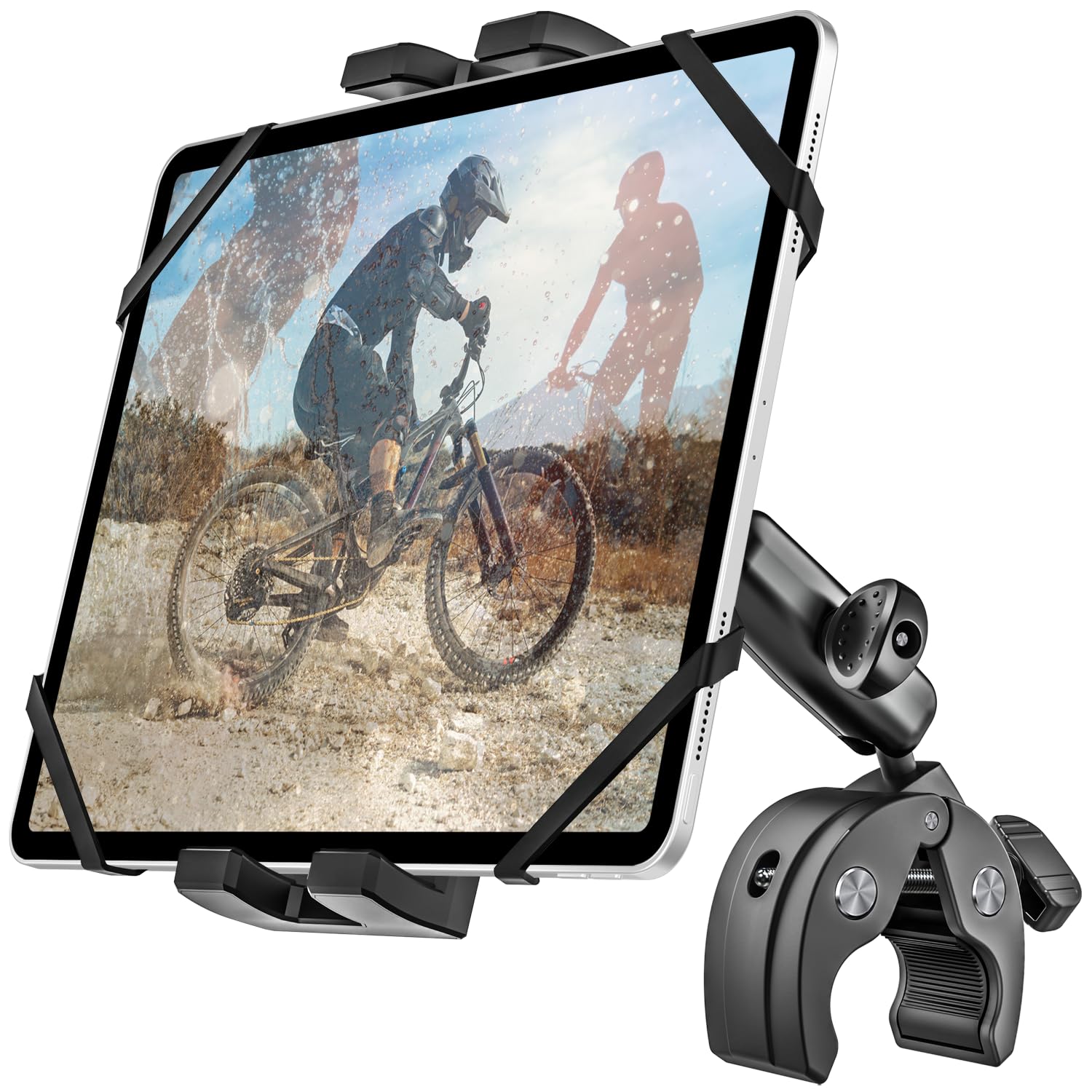 Photo 1 of Metal iPad Tablet Mount for Boat Helm, Wheelchair Pole, Golf Cart, Stroller, Mic Stand, Fitness Bike, Road Mountain Bicycle - 360° Adjustable Handlebar Clamp for 4.7-13" iPad Pro, Air, Mini, Galaxy
