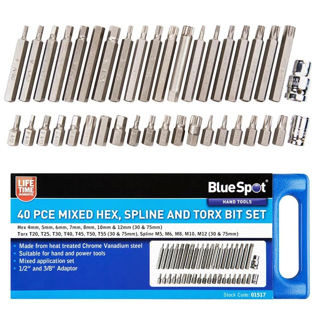 Blue Spot Tools 1517 BlueSpot 40 PCE 1/2" & 3/8" Mixed Hex, Spline and Torx Bit Set, Silver, Set of 40 Pieces