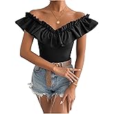 OYOANGLE Women's Flounce Sleeve Elegant Off Shoulder Ruffle Trim Crop Tee Casual T Shirt Top