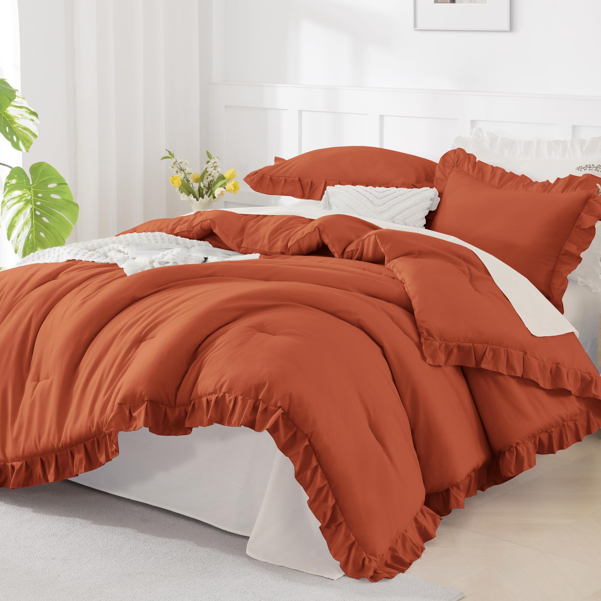 Photo 1 of Andency Terracotta Ruffle Comforter Queen(90x90Inch), 3 Pieces(1 Ruffled Comforter and 2 Pillowcases) Solid Farmhouse Shabby Chic Bed, Vintage Rustic Soft Microfiber Bedding Set