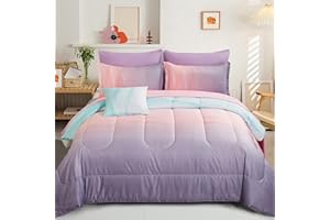 Dinjoy Reversible Girls Comforter Set Full Size Colorful Ombre Blue Pink Purple Rainbow Bedding Set 7 Pieces Bed in A Bag for Kids Teen Girls Women(1 Comforter, 1 Flat Sheet, 1 Fitted Sheet)