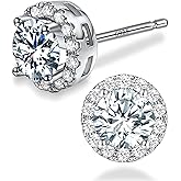 Sereney Sterling Silver Stud Earring for Men 6mm, Valentines Silver Bow Stud Earring 8mm Halo Stud Hypoallergenic Earrings, 5A Cubic Zirconia Earrings CZ Studs Earrings for Girl Women