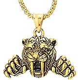 COOLSTEELANDBEYOND Roaring Tiger and Claws Pendant Necklace, Mens Gold Color Steel with 27.6 inches Wheat Chain