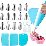 Piping Bags and Tips Set,Omini Cake Decorating Kits with 14 Stainless Steel Baking,2 Reusable Silicone Pastry Bags,3 Icing Sm