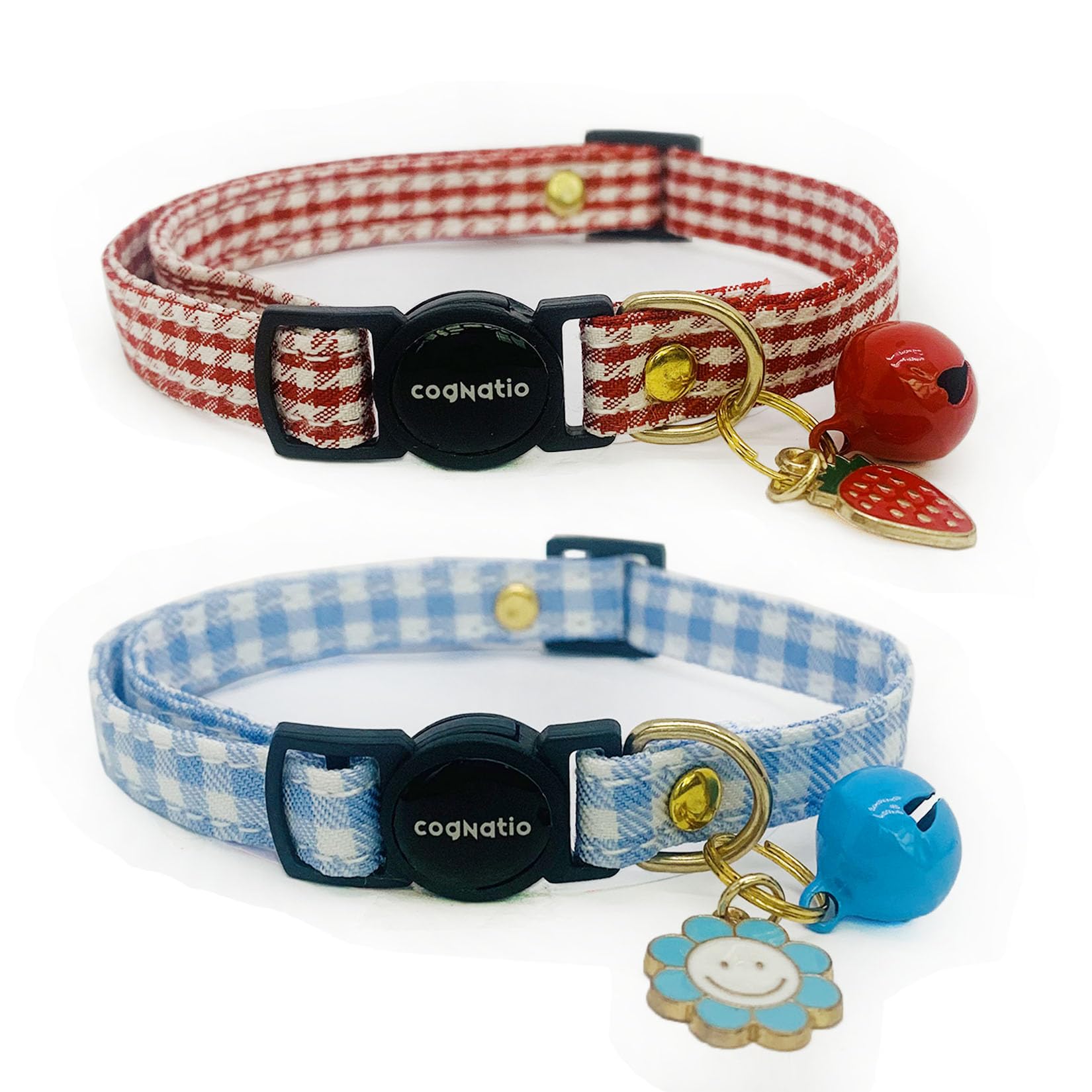 Photo 1 of 2 Pack Cotton Breakaway cat Collars with Bell,Safety Quick Release Pendant Cute Kitten Collar,Adjustable 20-30cm (Red+Vista Blue, 20-30cm)