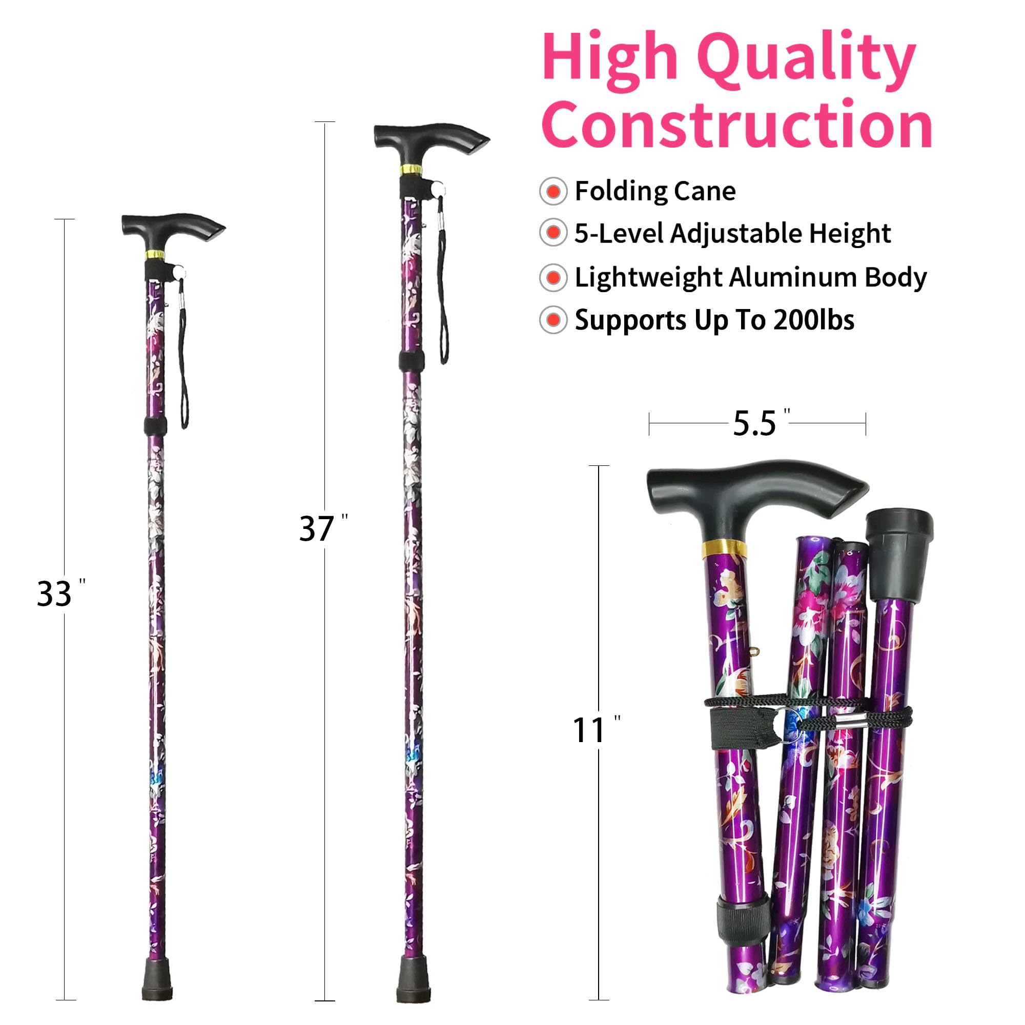 Folding Cane, 5-Level Adjustable Height Lightweight Portable Foldable Walking Canes with Wrist Strap and T Handle for Men Women Seniors