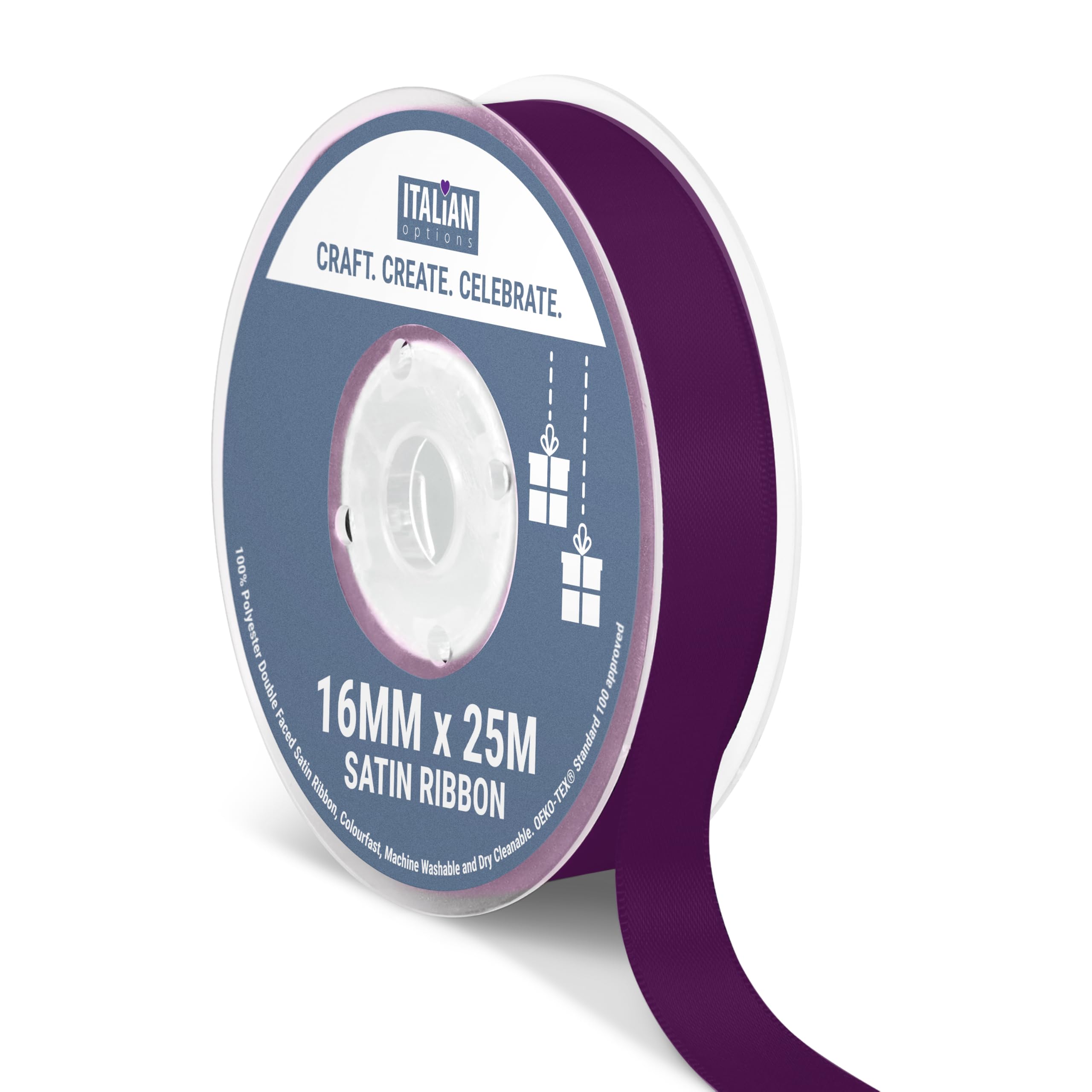 Italian Options Satin Ribbon, Fabric Ribbons for Gift Wrapping, Crafting, Balloons, Wedding Car, Presents, Cake, Christmas, Birthday, Gift Wrap Accessories, 16mm Wide x 25 Metre Roll, Aubergine