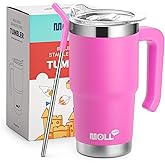 Mollcity Kids Tumbler-16 oz Stainless Steel Double Wall Vacuum Insulated Tumbler Cup with Lid and Straw Travel Coffee Mug with Handle(Hot Pink)