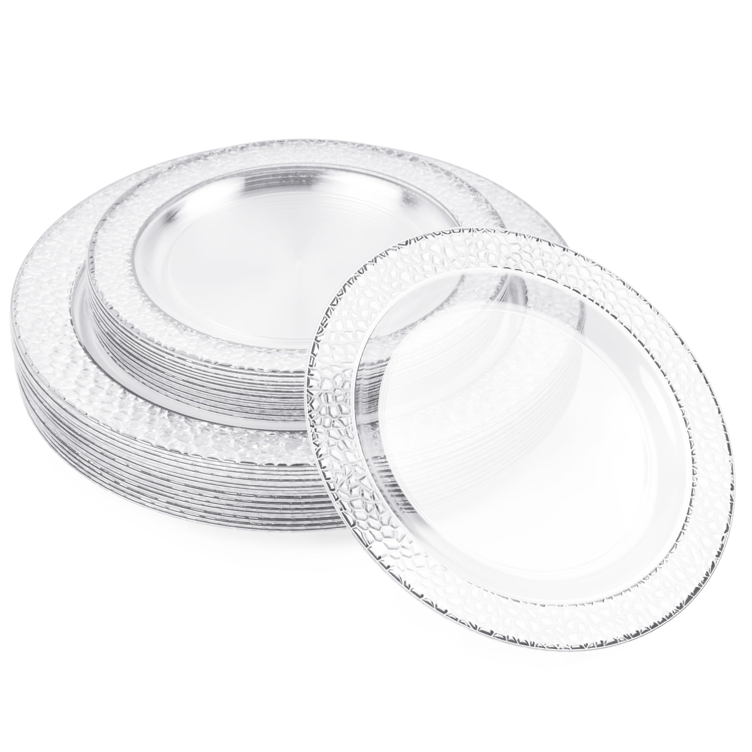 MATANA 40 Premium Clear Plastic Plates with Hammered Silver Rim - 20 26cm Dinner Plates, 20 19cm Dessert Plates - Elegant & Reusable Party Plates for Weddings, Birthdays, BBQ, Parties