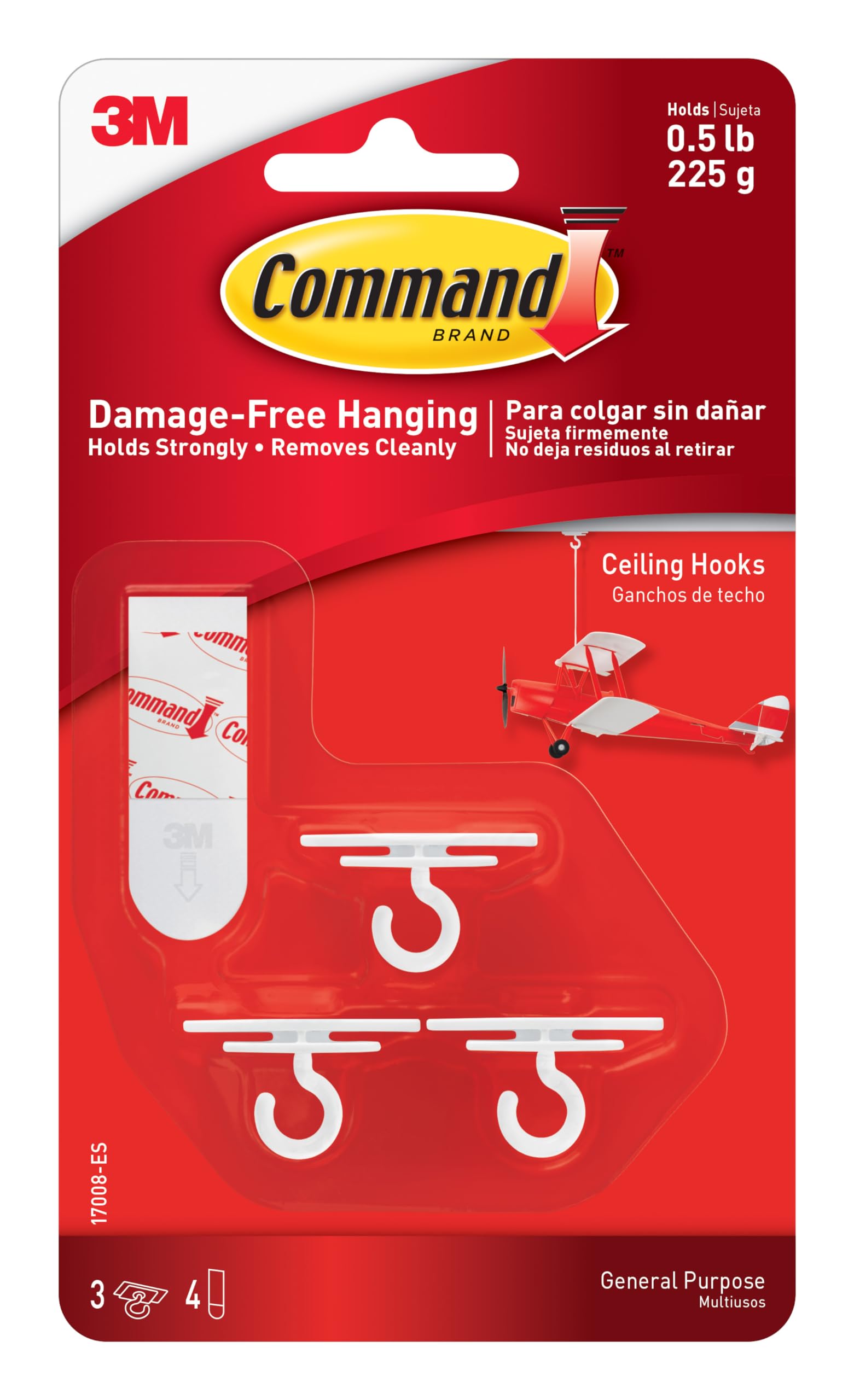 Command Ceiling Hooks, White - Pack of 3 Hooks and 4 Adhesive Strips - Damage Free Hanging - Holds up to 225 g