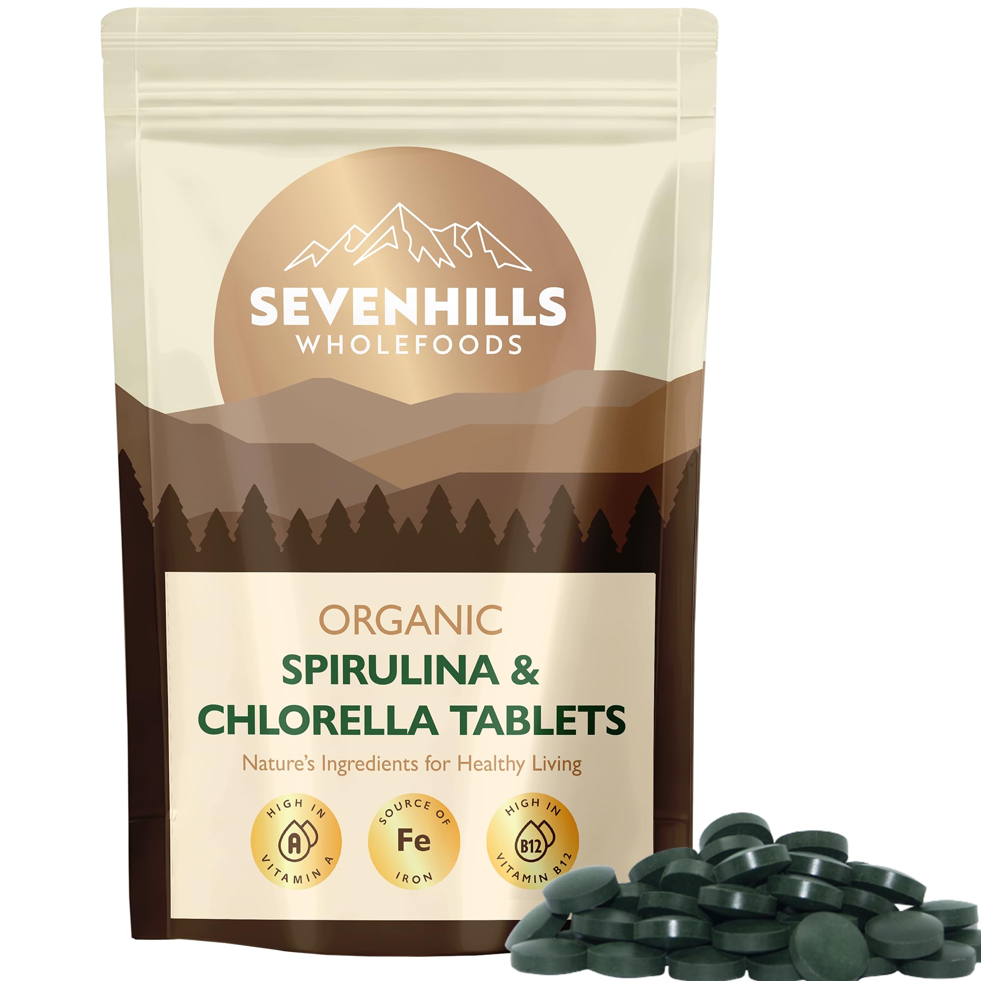 Sevenhills Wholefoods Organic Chlorella & Spirulina Tablets 500mg, Pack of 360, 180g