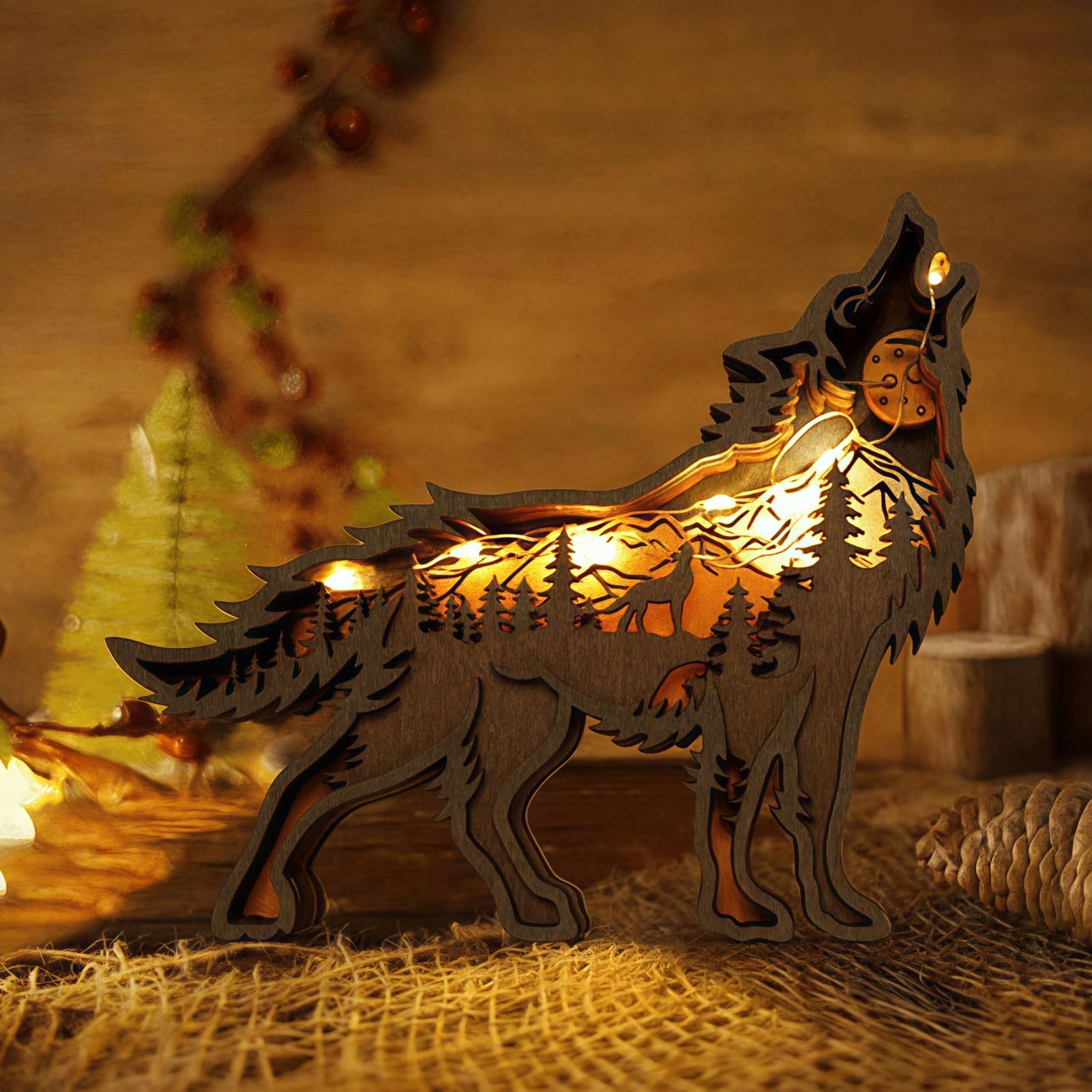 Photo 1 of 3D Wood Carving Animals Lamp Home Decorative, Cute Bear Family Elephant Presents Ideas Christmas Living Room Office Decor Warm LED Night Lights Gift for Friend Daughter Son Mom Dad (Wolf)