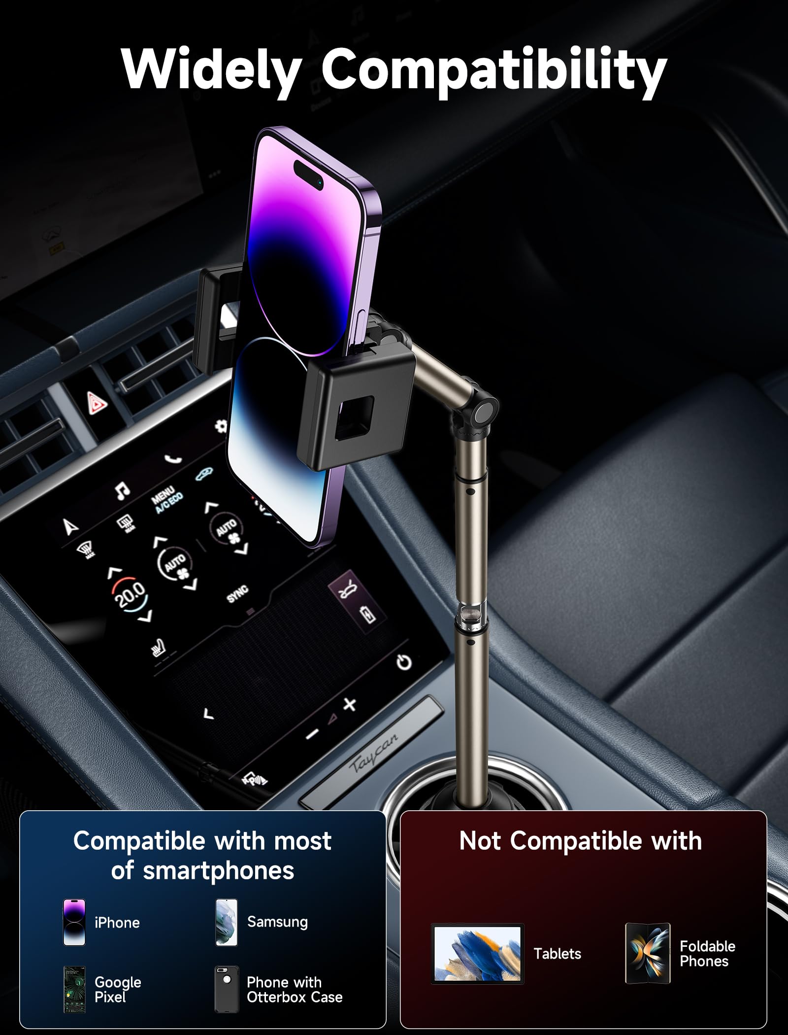 JSAUX Car Cup Holder Cellphone Mount, Metal Long-Arm Ultra Stable Phone Holder for Car Cupholders - Adjustable for iPhone 16 15 Pro Max 13 12 11, Samsung Galaxy S24 S23 Ultra, Google Pixel 9 Pro