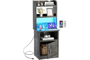 ARMOCITY Tall Nightstand with Charging Station and LED Lights - 47" Tall Bedside Table with Adjustable Bookshelf, Industrial End Table Side Table with Storage Cabinet for Home Office, Grey