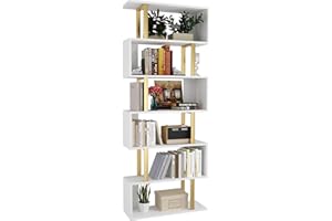 Yusong Geometric Bookcase, S Shaped Bookshelf 6-Tier Book Shelves for Bedroom, Modern Wood Decorative Display Shelf Tall Book Case for Home Office, Gold and White