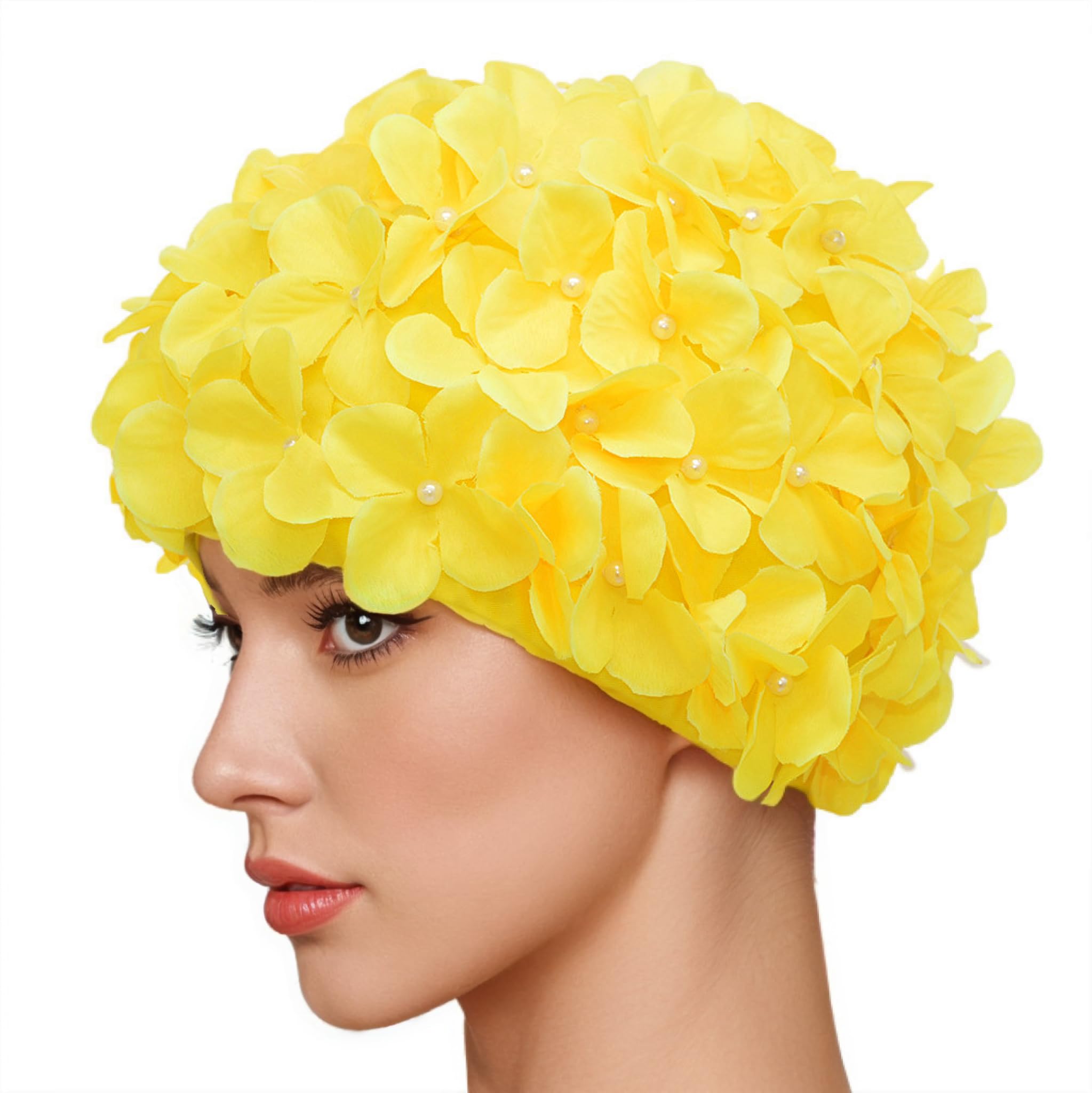 Medifier Vintage Floral Petal Retro Swim Caps Bathing Caps for Women Yellow