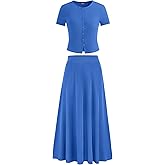 PRETTYGARDEN Women's 2 Piece Skirt Sets Summer Short Sleeve Button Up Knit Crop Top Flowy Maxi Skirts Travel Vacation Outfits