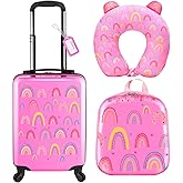 Sanwuta 4 Pcs Kids Luggage Set Rolling Suitcase Toddler Backpack U-shaped Pillow Travel Gift for Girls Boys Vacation(17 Inch,Rainbow Style,Pink)
