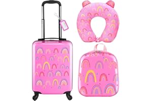Sanwuta 4 Pcs Kids Luggage Set Backpack Travel Rolling Suitcase U-shape Pillow Christmas Children Gift for Girls Boys(17 Inch,Rainbow Style,Pink)
