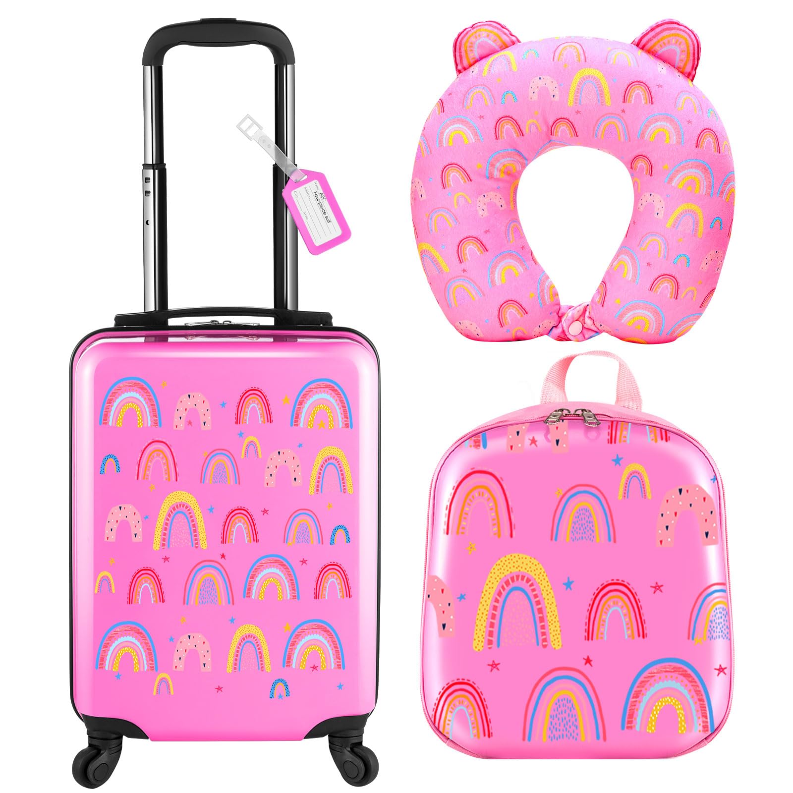 Photo 1 of ***It's a toddler/small size.***Sanwuta 4 Pcs Kids Luggage Set Rolling Suitcase Backpack U-shaped Pillow Kids Carry On Gift for Summer Travel Family Trip(17 Inch,Rainbow Style,Pink)***It's a toddler/small size.***